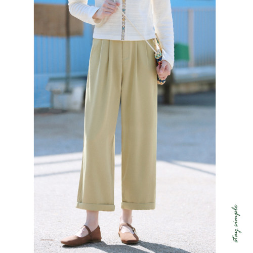 花吉K305杏黄色高腰垂感脚口翻边西装休闲裤女2026新款春直筒裤