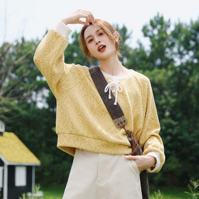 花吉B860黄色系带撞色立体肌理感卫衣女2025新款春无帽学院风上衣