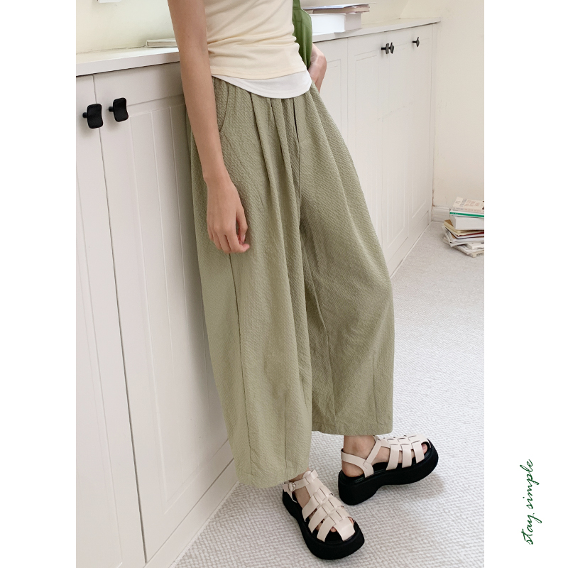 花吉K324豆绿色高腰直筒方格日系休闲空气裤女2025新款夏休闲裤