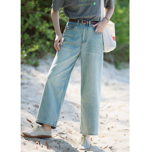 夏直筒裤 女2026新款 花吉L075做旧蓝高腰复古直筒宽松九分牛仔裤
