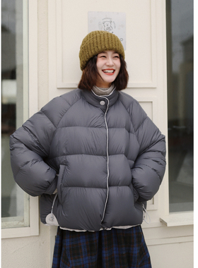 花吉C113灰色韩版复古90白鸭绒两面穿撞色立领羽绒服女2026新款冬