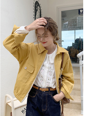 花吉B504姜黄色日系复古撞色门襟拉链工装短款外套女2025年新款秋