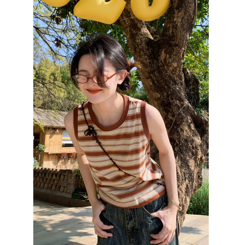 花吉陶橘色日系复古圆领条纹背心