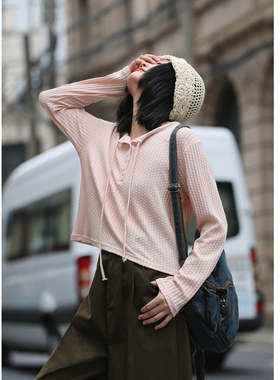 花吉C037白桃粉系带华夫格坑条长袖T恤女2026新款秋宽松圆领上衣