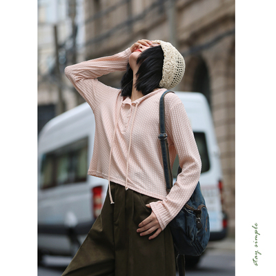 花吉白桃粉系带华夫格长袖T恤