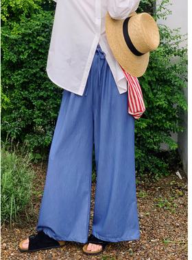 花吉K353蓝色系带松紧腰宽松阔腿牛仔裤女2026新款夏高腰垂感裤子