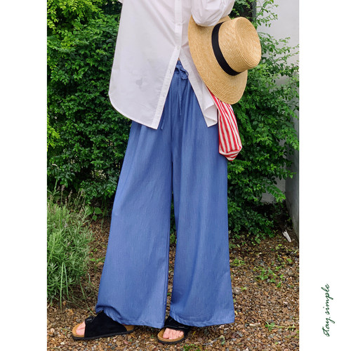 花吉K353蓝色系带松紧腰宽松阔腿牛仔裤女2025新款夏高腰垂感裤子