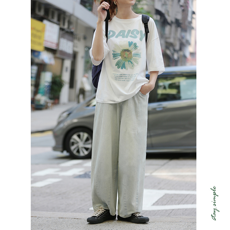 花吉K320浅蓝色磨白高腰宽松休闲牛仔气球裤女2025新款春牛仔裤