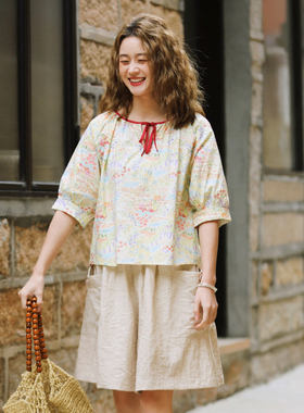 花吉B960红色莫奈花园撞色系带圆领短袖印花衬衫女2026新款夏衬衣