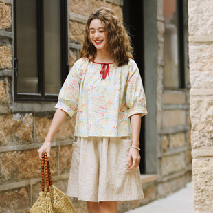 花吉B960红色莫奈花园撞色系带圆领短袖印花衬衫女2026新款夏衬衣