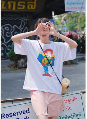 花吉B426白色美式印花圆领宽松oversizeT恤女2025新款夏纯棉上衣