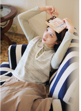 花吉B570抹茶奶泡混色针织侧边系带马甲女2026新款秋冬翻领马夹