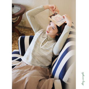 花吉B570抹茶奶泡混色针织侧边系带马甲女2025新款 秋冬翻领马夹