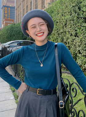 花吉B196孔雀蓝显瘦弹力竖条纹半高领磨毛打底T恤女长袖打底衫秋