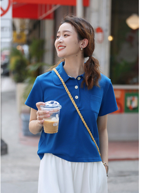 花吉B440克莱因蓝复古水洗polo翻领T恤女2025新款夏宽松学生上衣