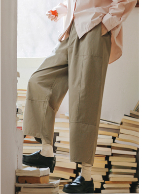 花吉L012灰绿色脚口开衩松紧腰系带休闲工装裤女2025新款春气球裤