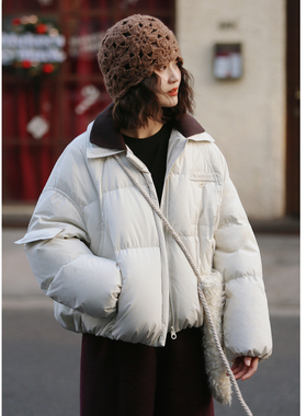 花吉C129米白色撞色毛线领90绒小花苞羽绒服女2025新款冬日系外套