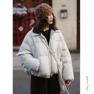 冬日系外套 花吉C129米白色撞色毛线领90绒小花苞羽绒服女2026新款