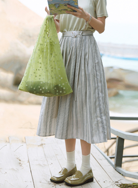 花吉Q514浅色配同色腰带高腰竖条纹中长款半身裙女2026新款夏半裙