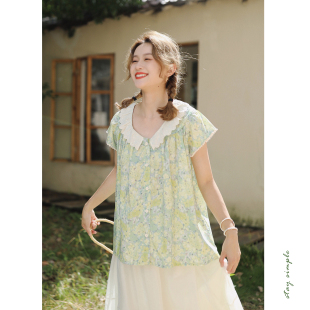 夏复古衬衣 女2026新款 花吉C012浅绿色撞色蕾丝花边小飞袖 印花衬衫