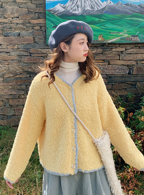 花吉B894小鸡黄色圈圈纱撞色V领开衫女2025新款秋冬针织衫毛衣