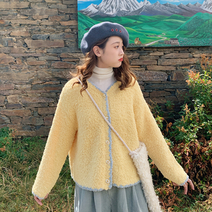 毛衣 秋冬针织衫 花吉B894小鸡黄色圈圈纱撞色V领开衫 女2026新款