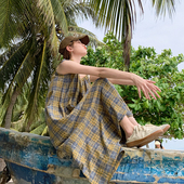 花吉Q471晕染磨白做旧感格子条纹吊带裙2025新款 夏吊带连衣裙