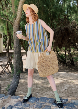 花吉B985山野绿色条纹无袖衬衫女2025新款夏竖条纹宽松圆领衬衣