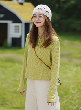 花吉B851牛油果绿长袖宽松条纹连帽T恤女2025新款春学院风上衣