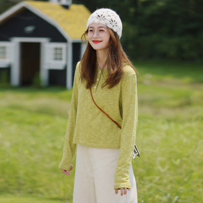 花吉B851牛油果绿长袖宽松条纹连帽T恤女2026新款春学院风上衣