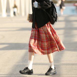 花吉Q434百搭格纹大裙摆伞裙女2026新款 秋纯棉格子裙半身裙