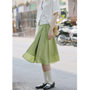 夏中长款 花吉Q390绿色一片式 小个子系带搭片垂感半身裙2026新款