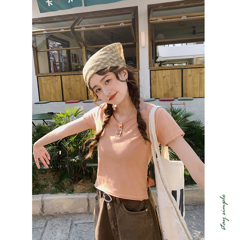 花吉B756橘色三粒扣小卷边纯棉短袖T恤女2025新款夏全棉圆领上衣