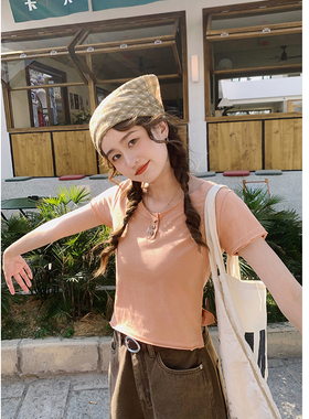 花吉B756橘色三粒扣小卷边纯棉短袖T恤女2026新款夏全棉圆领上衣