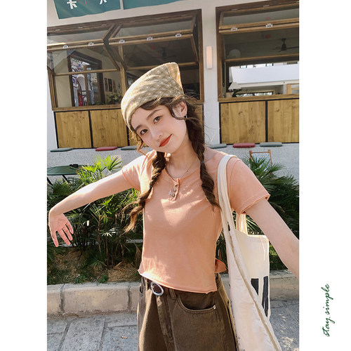 花吉B756橘色三粒扣小卷边纯棉短袖T恤女2026新款夏全棉圆领上衣