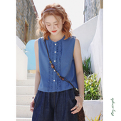 女2025新款 花吉B991蓝色日系复古木耳花边无袖 圆领衬衫 夏宽松衬衣