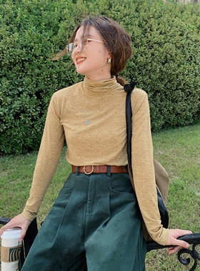 花吉B202棕黄色柔软混色弹力堆堆高领打底T恤女2026新款秋打底衫