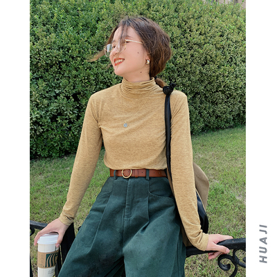 棕黄色混色柔软高领打底T恤女