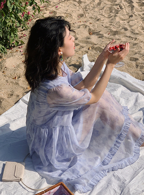 花吉Q380淡紫色朦胧梦幻感碎花欧根纱连衣裙（附腰带）2025新款夏