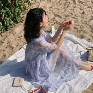 2026新款 夏 附腰带 花吉Q380淡紫色朦胧梦幻感碎花欧根纱连衣裙