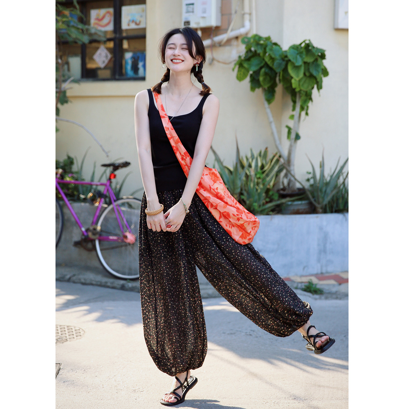 花吉L094藤蔓碎花日系清透雪纺印花灯笼裤女2026新款夏垂坠休闲裤