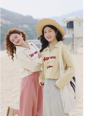 花吉B674米白色翻领毛巾绣字母卫衣女2026新款春无帽短款学生上衣