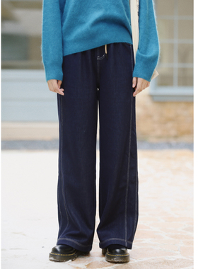 花吉L063蓝色明线高腰直筒显瘦加绒牛仔裤女2025新款秋冬宽松长裤