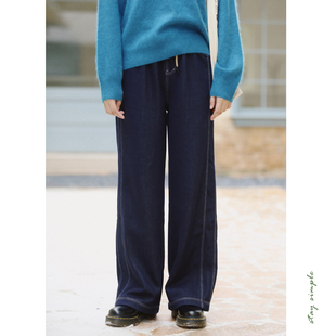 秋冬宽松长裤 花吉L063蓝色明线高腰直筒显瘦加绒牛仔裤 女2025新款