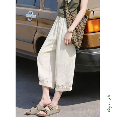 花吉K346米黄色亚麻混纺八分高腰休闲裤女2026新款夏宽松灯笼裤