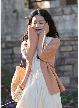 花吉B382姜黄色韩版前后两穿长袖圆领开衫卫衣女2025新款春上衣