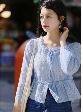 花吉B691绿色立体剪花系带宽松甜美娃娃衫女2025年新款春圆领衬衫