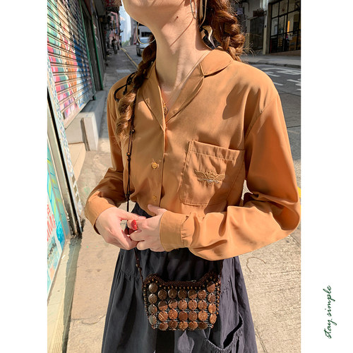 花吉B705南瓜色字母徽章刺绣西装领学院风衬衫女2026新款春衬衣