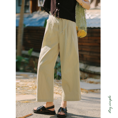 花吉豆绿色高腰直筒系带休闲裤