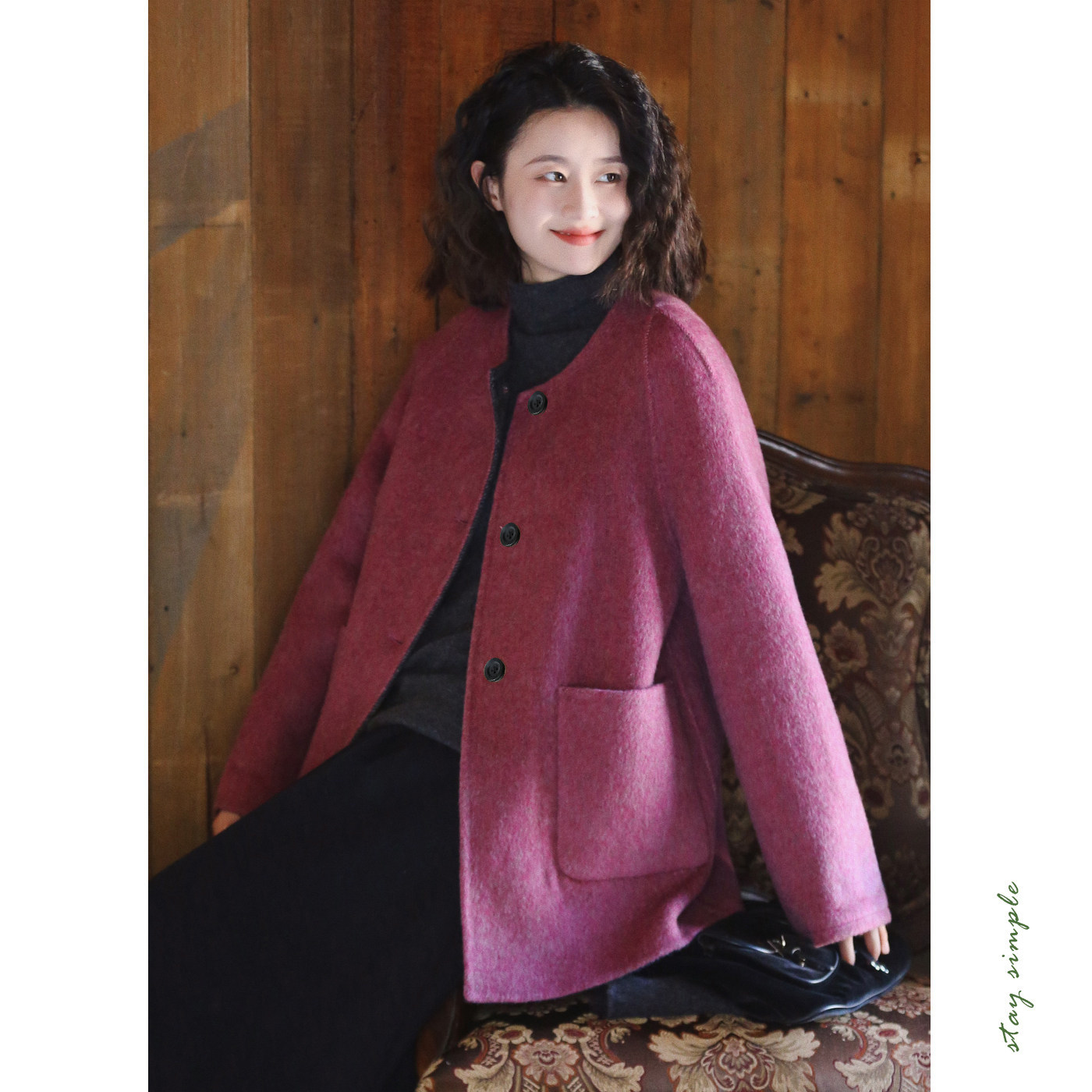 花吉C119梅子色（送帽子）两面穿圆领双面呢外套女2025新款秋冬